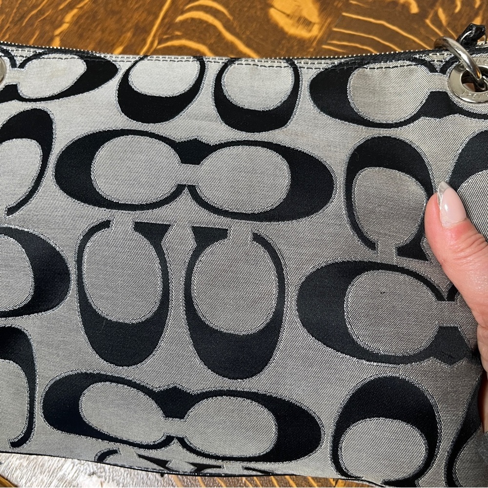 Coach Poppy Black and Gray Signature C CanvasShoulder Bag with Leather Trim - Picture 3 of 9